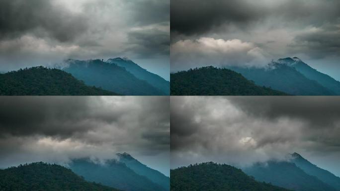 云层移动覆盖的山脉，时间流逝