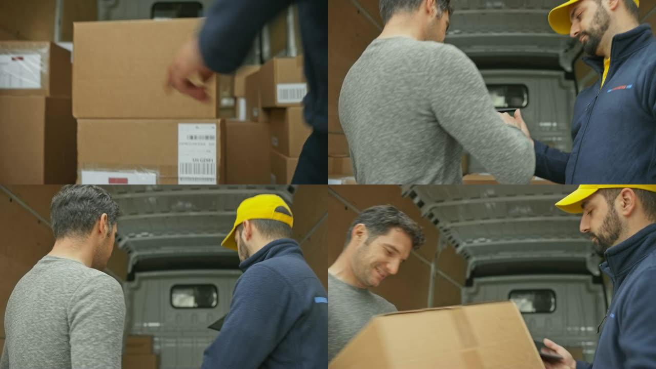 男子以数字方式签收包裹，并从货车上递给棕色盒子