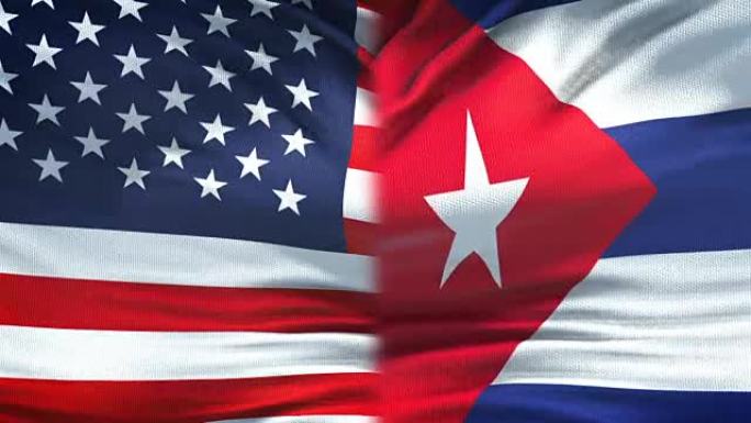 美国和古巴旗帜的背景，外交和经济关系