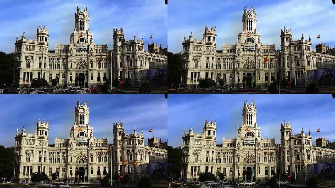 马德里市政厅cibeles宫殿与欢迎难民旗帜在前面的时间推移