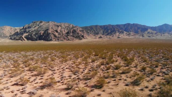 卡车前进无人机拍摄了犹他州的沙漠平原，背景是山脉，在晴朗的蓝天下