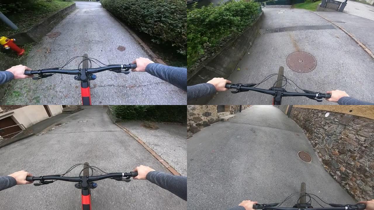 在瑞士提契诺州，山地车手穿过树木繁茂的自行车道的第一人称视角