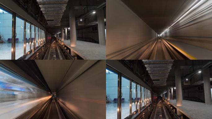 在韩国首尔市附近的仁川国际机场，自动火车驶入隧道以转运至航站楼