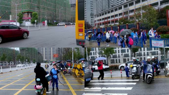 小学生-上学路上红绿灯车辆-雨天上学合集