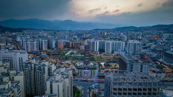 西昌地标唐园航拍日转夜开灯延时摄影4K