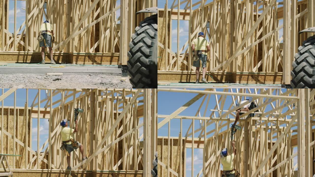 一名五十多岁的白人男性建筑工人在晴天搭建房屋时，将建筑设备交给了另一名白人男性建筑工人