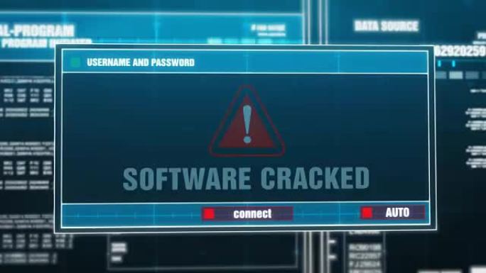 输入登录名和密码后，在计算机屏幕上的数字系统安全警报错误消息上生成的软件破解警告通知。网络犯罪，计算