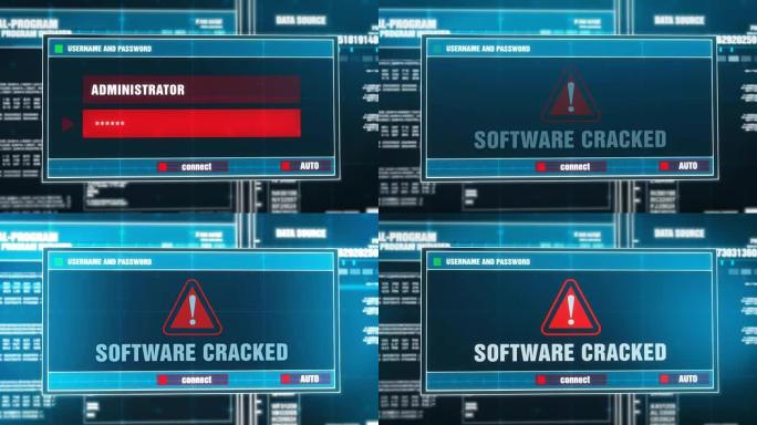 输入登录名和密码后，在计算机屏幕上的数字系统安全警报错误消息上生成的软件破解警告通知。网络犯罪，计算