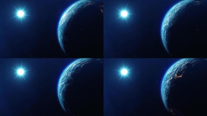 行星循环动画中夜间和白天灯光的蓝色地球空间的特写视图。