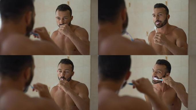 大胡子男人仔细刷牙，早晨程序，牙齿护理美白