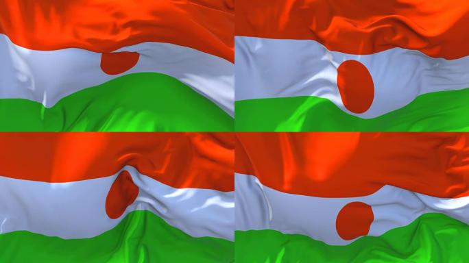 尼日尔国旗迎风飘扬的慢动作动画。4K逼真的织物纹理旗帜平稳吹在一个刮风的日子连续无缝循环背景。