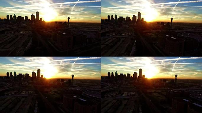 市区蔓延的达拉斯德克萨斯州市区日出，高速公路和高高的摩天大楼