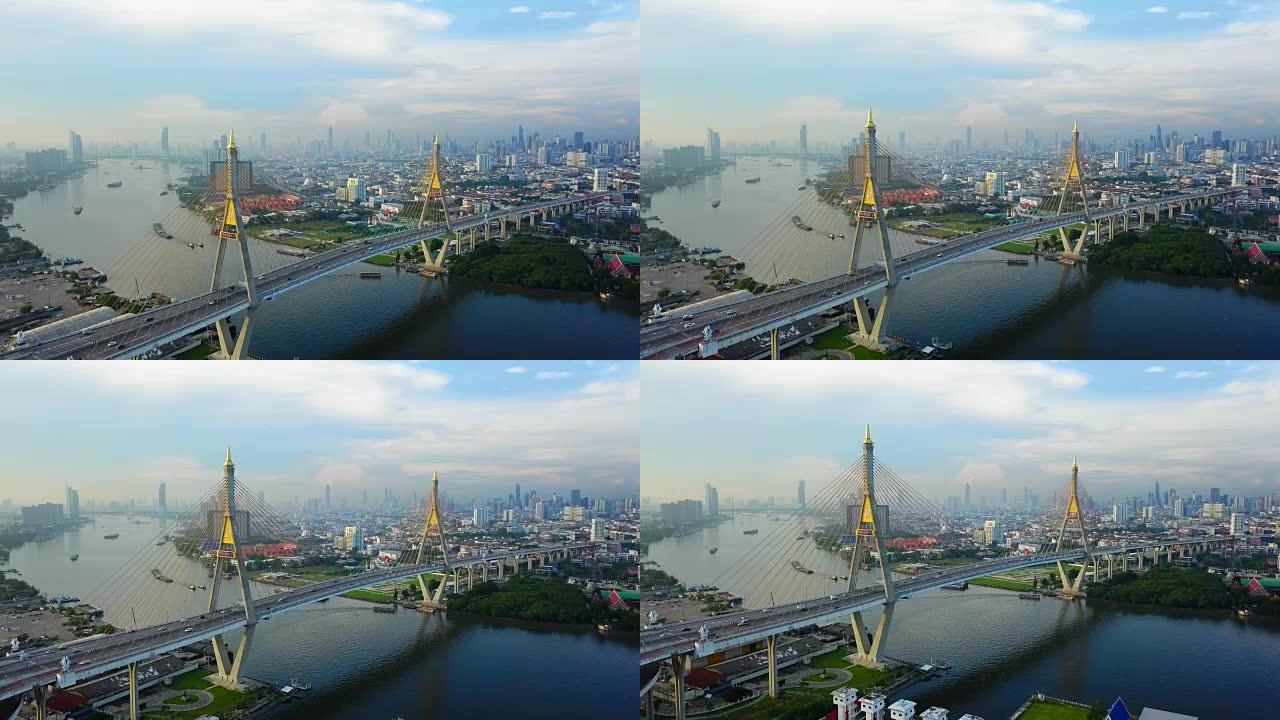 视频4K: 曼谷市普密蓬大桥的鸟瞰图