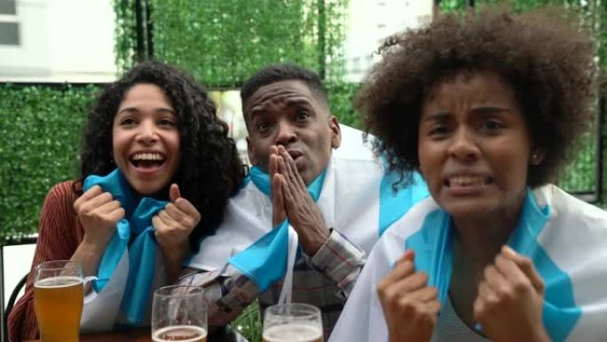 三个朋友在酒吧观看一场足球比赛，举着阿根廷国旗庆祝比分