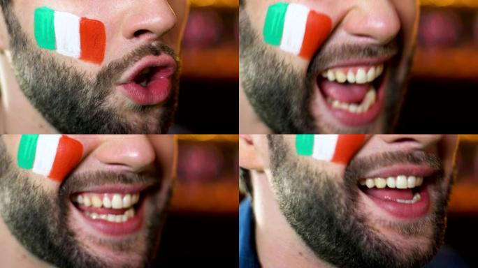 面颊上有意大利国旗的男球迷为国家运动队加油