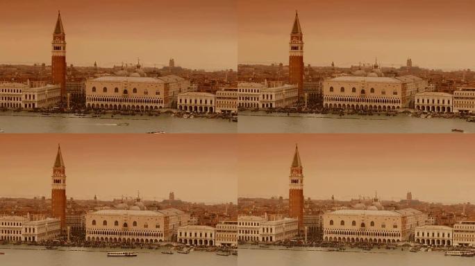 意大利Canale grande的Doge宫殿和圣马克钟楼的4k棕褐色景观