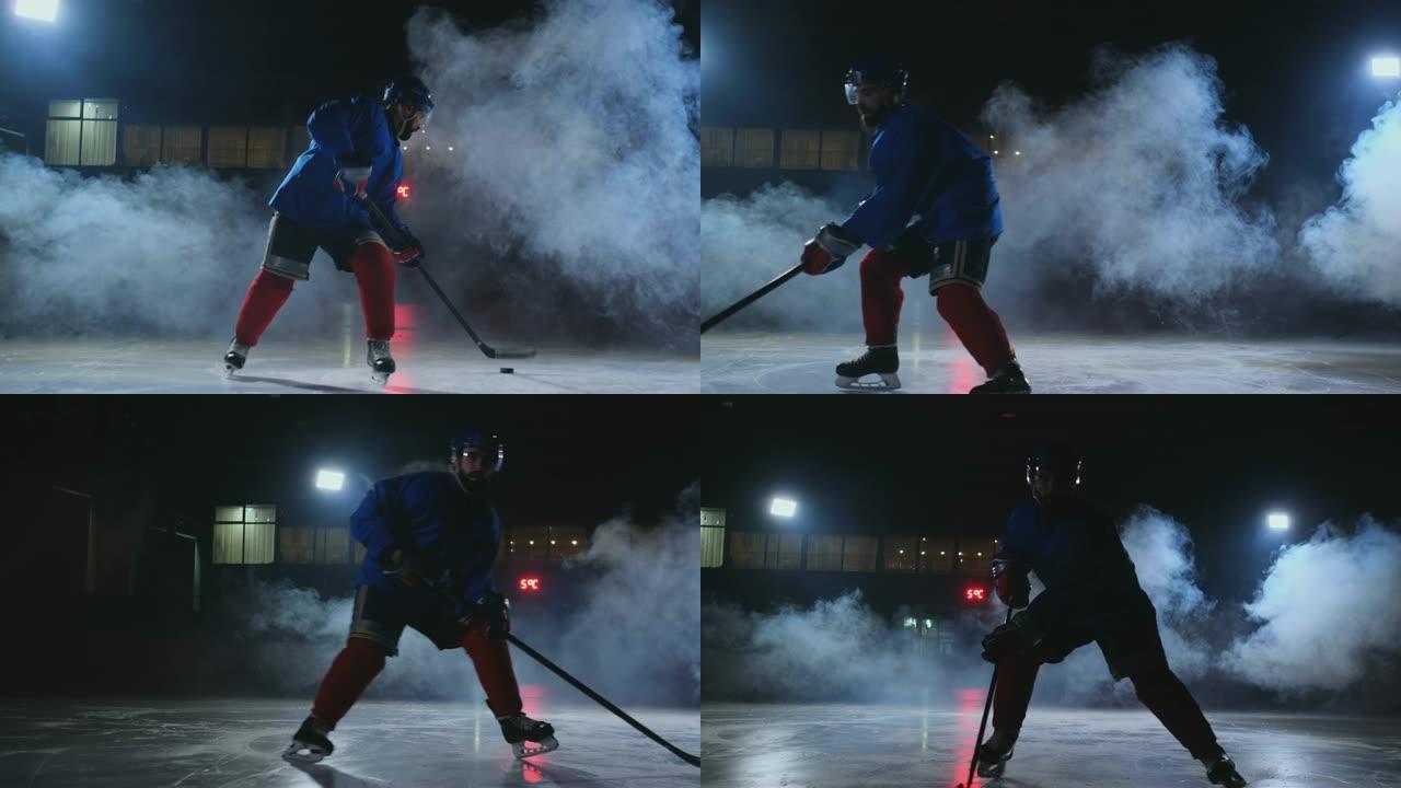 职业曲棍球运动员拿着棍子在冰上加速，突然停在镜头前，直视镜头