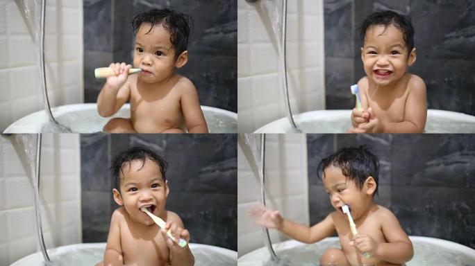 男婴1.6岁正在刷牙。