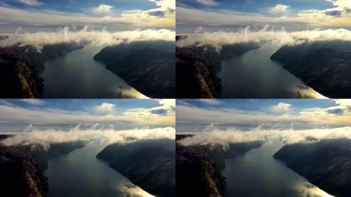 空中镜头美丽的自然挪威在云层上。