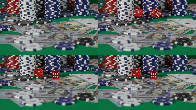 赌场骰子滚动在慢动作，赌徒尝试运气，钱在赌注，头奖