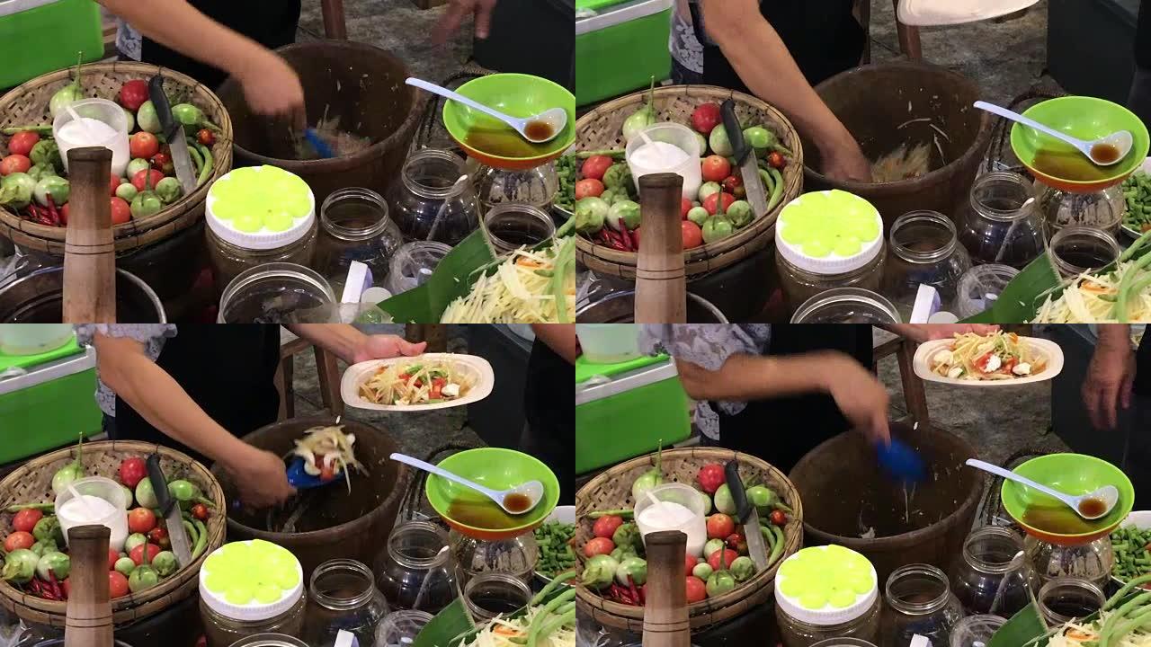 泰国华欣，研钵和杵烹制香辣沙拉。