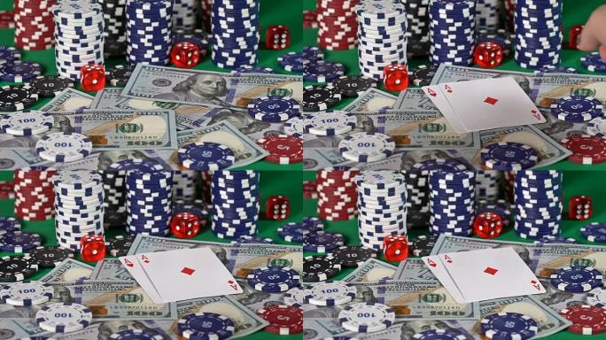 扑克玩家揭示一对王牌，强大的手，钱赢，成功的游戏