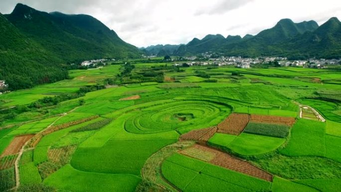 贵州喀斯特峰林 (万峰林) 村庄和稻田的鸟瞰图。