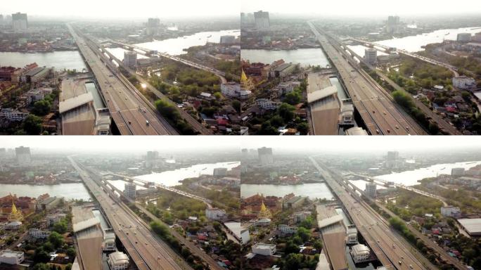 曼谷河滨市区湄南河鸟瞰图