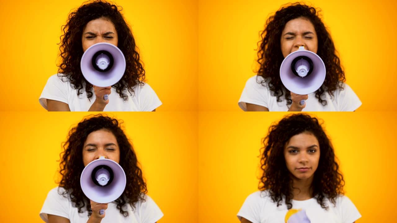 非裔美国妇女用扩音器进行抗议，公众舆论，政治活动