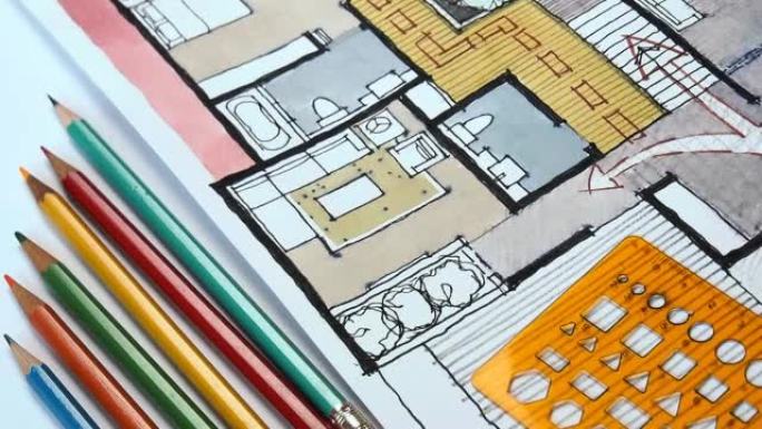 家庭平面图、水彩和墨水写意素描/房地产和家庭装修业务概念