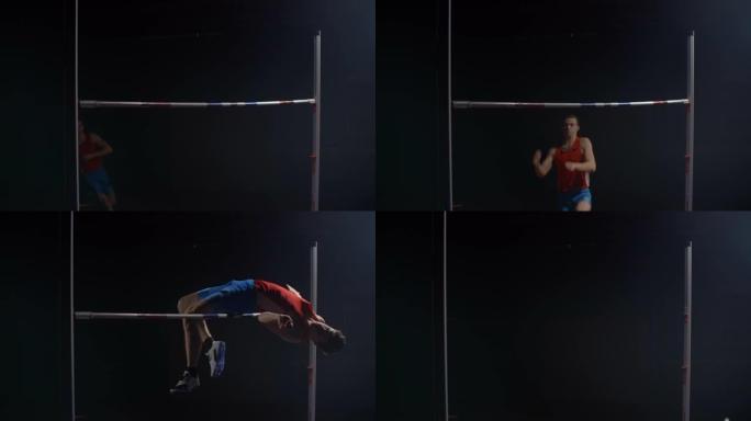 慢动作: 男性运动员在聚光灯下的黑暗背景上失误跳高