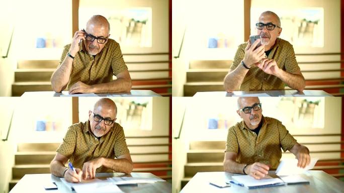 忙碌的高级职员处理邮件通信: 回复电话，写信，打开信封，阅读信件。