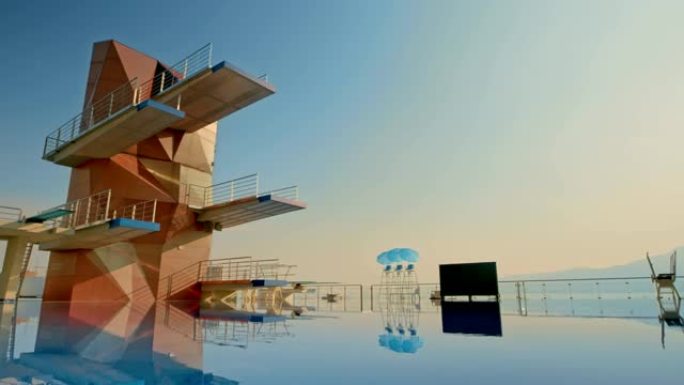 日落时宁静泳池上方的CS竞技跳水塔