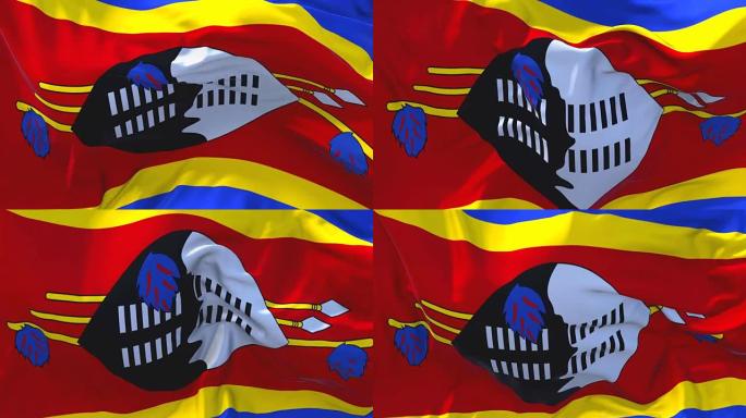 斯威士兰迎风摇摆的慢动作动画。4K逼真的织物纹理旗帜平稳吹在一个刮风的日子连续无缝循环背景。