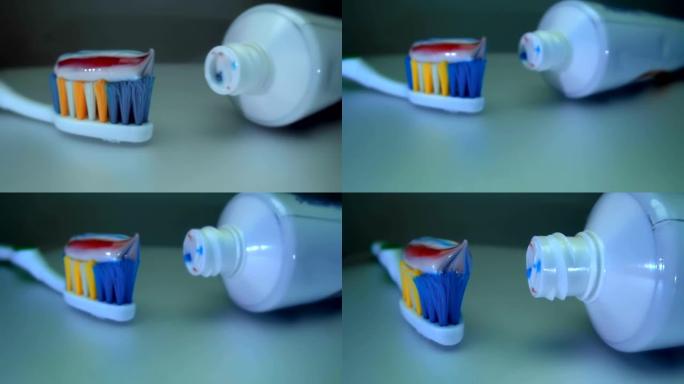 相机用新的牙膏和牙刷慢慢移动。