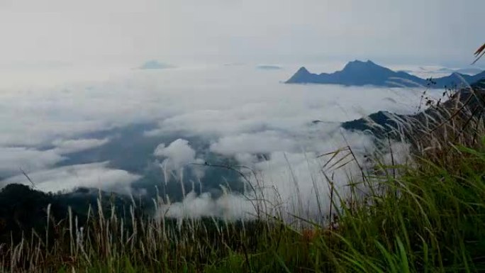 (Time Laspe) 日出时森林上空薄雾弥漫的山脉景观。