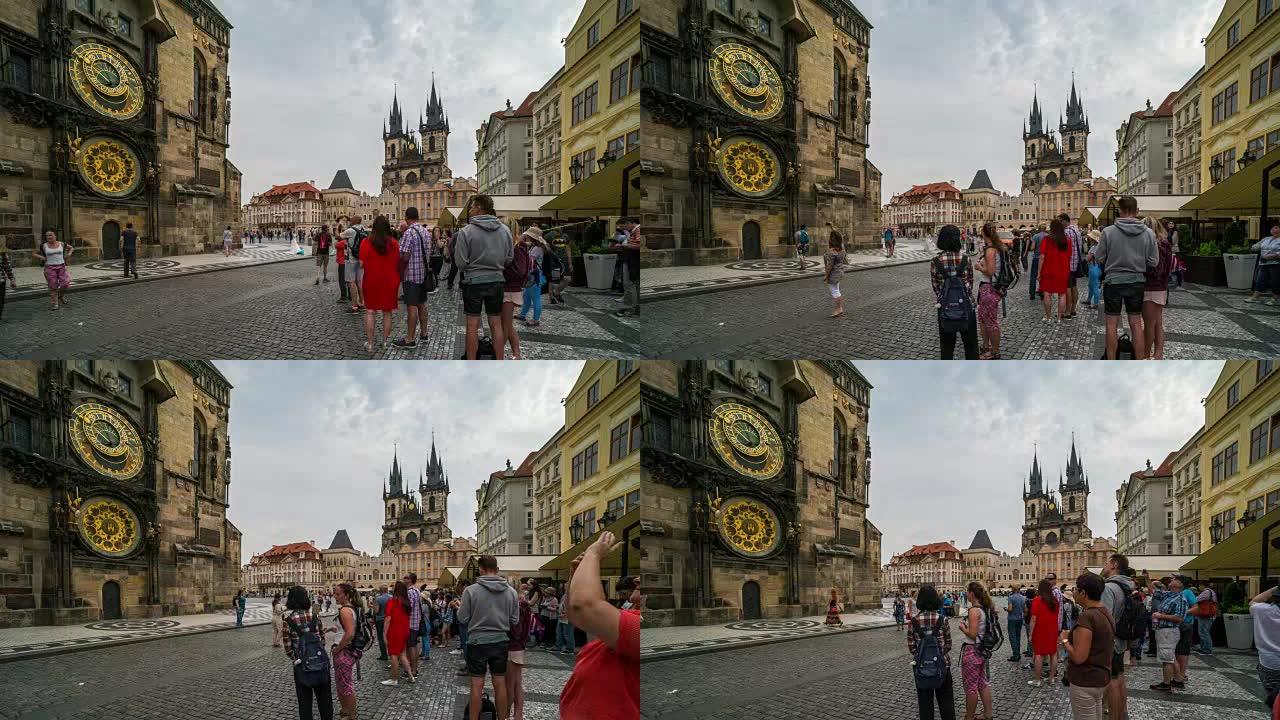 游客在捷克布拉格市中心散步的时间流逝