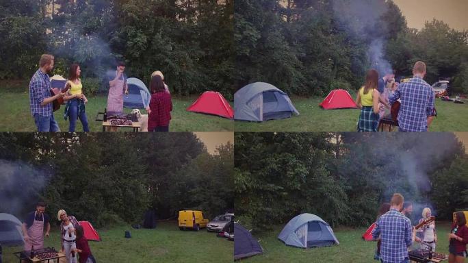朋友在森林里露营和烧烤