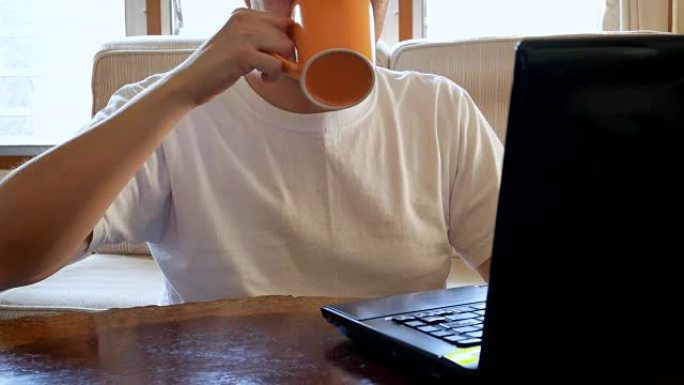 穿着休闲服的快乐男人在客厅使用笔记本电脑和喝咖啡-室内场景