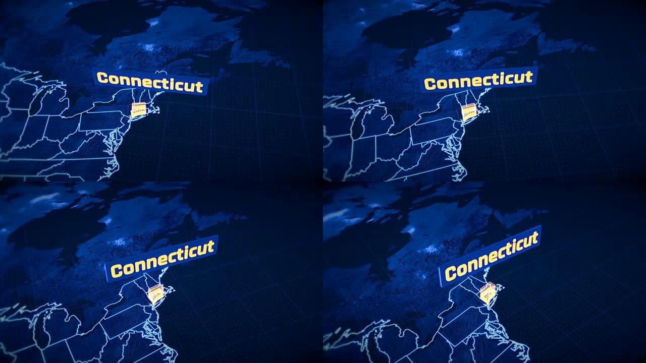 美国康涅狄格州边界3D可视化，现代地图轮廓，旅行