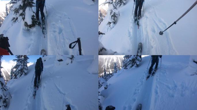一位女滑雪登山者登上高山雪道后的第一人称视角