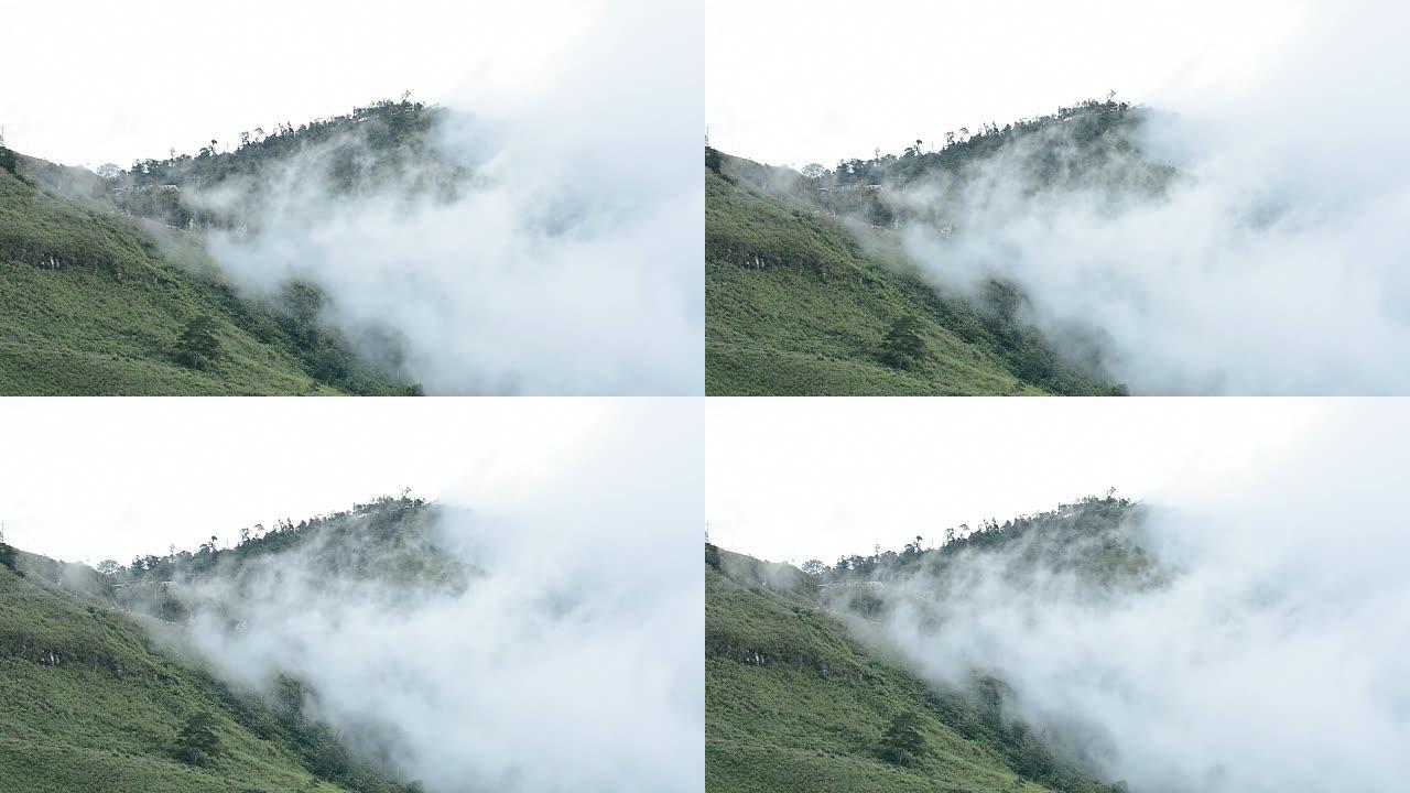 雾在泰国Phu Thap Book的高地上流动