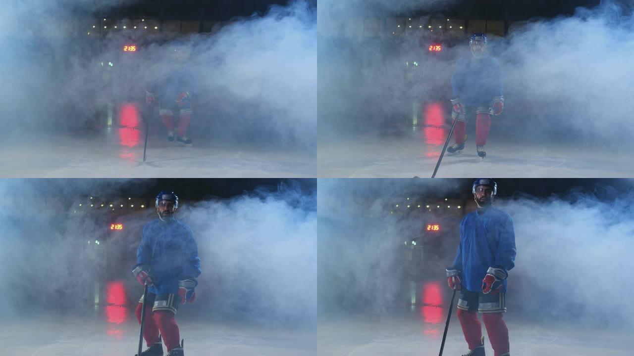 职业曲棍球运动员用棍子和冰球在深色背景和烟雾中穿着溜冰鞋和头盔在Luda上移动。在冰场上一个年轻人的