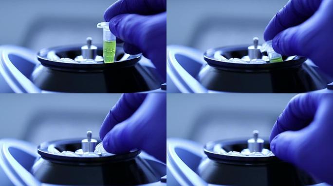 科学家们用实验室设备研究样品，比如微型离心机和试管，慢动作