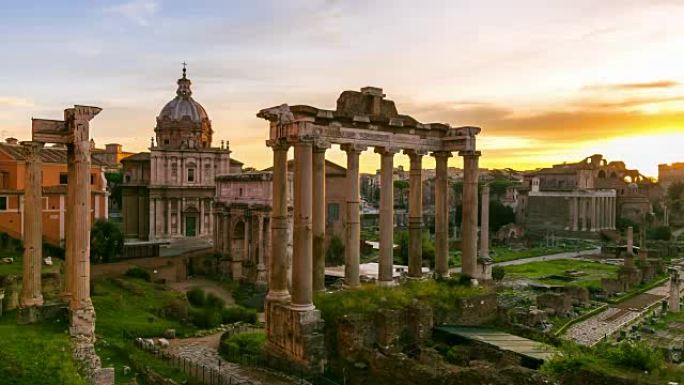 延时，意大利罗马古罗马广场遗址上方的日出