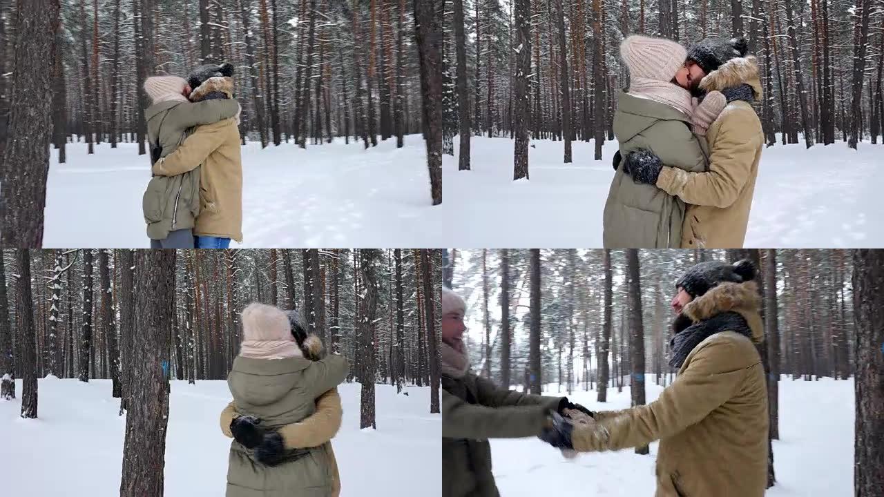 试图从丈夫的帽子上甩掉雪的女人