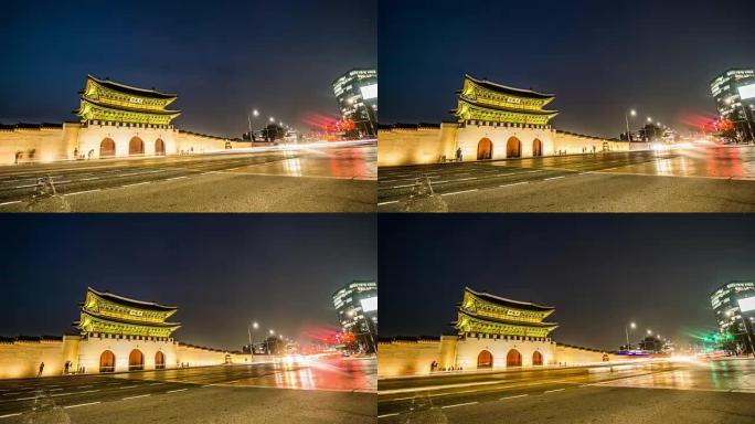 韩国首尔光化门和交通夜景