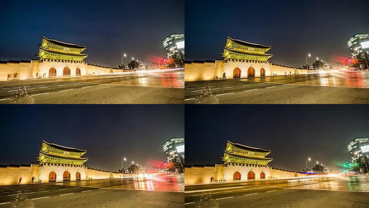 韩国首尔光化门和交通夜景