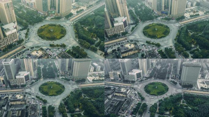 时光倒流，环形交叉路口的鸟瞰图