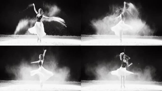 年轻的芭蕾舞演员跳入白色粉末云